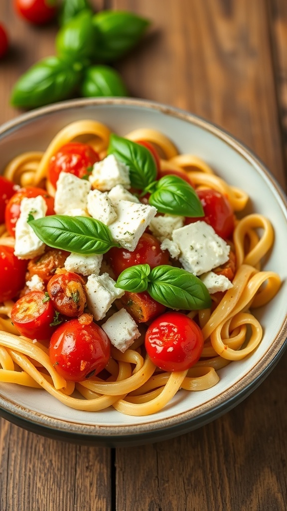 Baked Feta Pasta Recipe Baked feta pasta with cherry tomatoes and fresh basil in a rustic bowl on a wooden table.